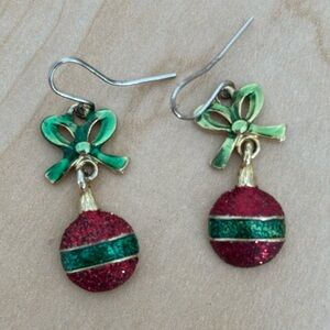 Vintage Festive Red Glittery and Green Striped Ball Earrings in Gold Tone /Bow